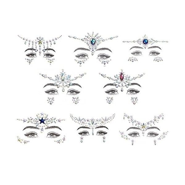 Paillettes pour le visage 8 Pcs Autocollant acrylique pour le visage Autocollant sourcils multicolore avec diamant Sticker po