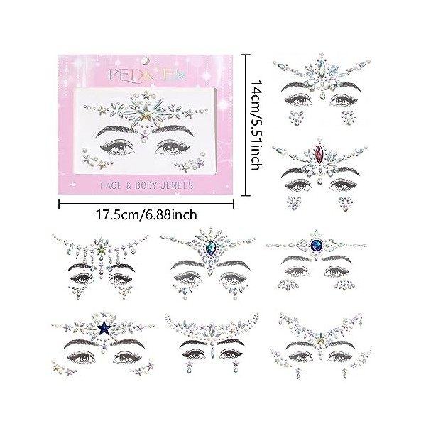 Paillettes pour le visage 8 Pcs Autocollant acrylique pour le visage Autocollant sourcils multicolore avec diamant Sticker po