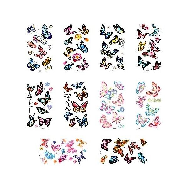 10 Feuilles/99pcs Tatouages Temporaires Papillon, Autocollants Tatouage Papillon Coloré Imperméable Tatouage Papillon Mignon 