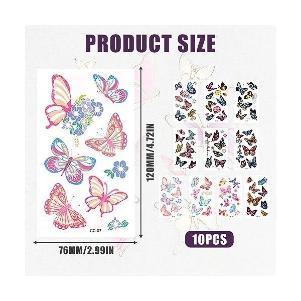 10 Feuilles/99pcs Tatouages Temporaires Papillon, Autocollants Tatouage Papillon Coloré Imperméable Tatouage Papillon Mignon 