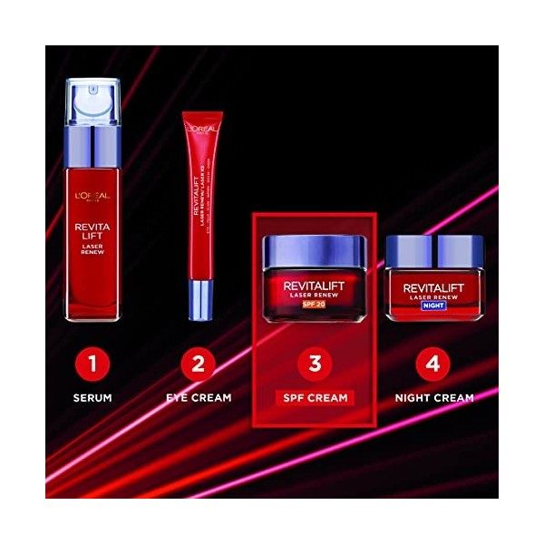 LOreal Paris Crème hydratante pour le visage Revitalift au laser avec FPS 20, crème de jour anti-âge SPY avancée avec rétino ...