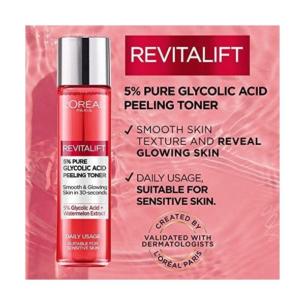 LOreal Paris 5% Acide Glycolique Tonique Revitalift Glycolique, pour une peau lisse et éclatante - 180 ml Crème Jour et Nuit