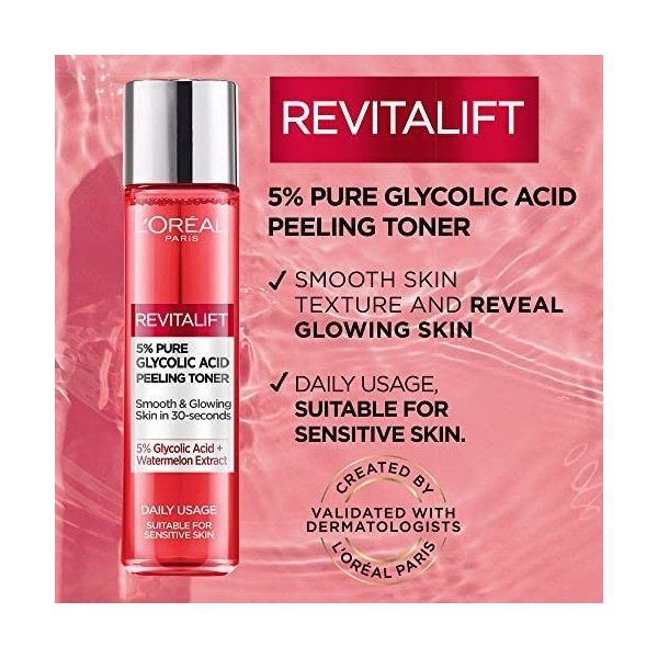 LOreal Paris 5% Acide Glycolique Tonique Revitalift Glycolique, pour une peau lisse et éclatante - 180 ml