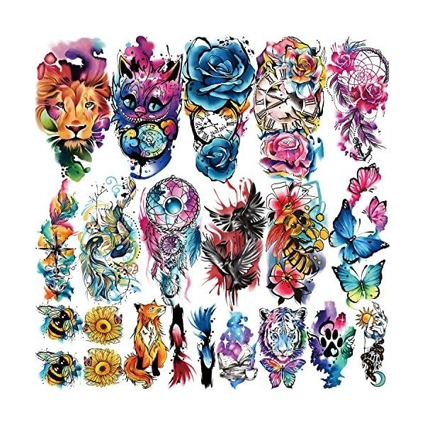 77 Feuilles de Tatouages Temporaires, 17 Feuilles Demi Bras Faux Tatouages Fleur Dream Catcher Hibou pour Adulte Bras Épaule,