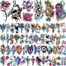 77 Feuilles de Tatouages Temporaires, 17 Feuilles Demi Bras Faux Tatouages Fleur Dream Catcher Hibou pour Adulte Bras Épaule,