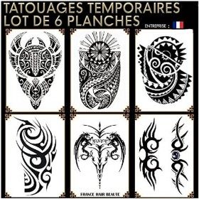 TATOUAGES TRIBAL MAORI POLYNESIEN ET MARQUISIEN NOIR EPHEMERE TEMPORAIRE LOT DE 6 PLANCHES + 1 PLANCHE EN PLUS EN CADEAU. Tat...