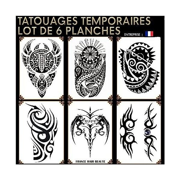 TATOUAGES TRIBAL MAORI POLYNESIEN ET MARQUISIEN NOIR EPHEMERE TEMPORAIRE LOT DE 6 PLANCHES + 1 PLANCHE EN PLUS EN CADEAU. Tat...
