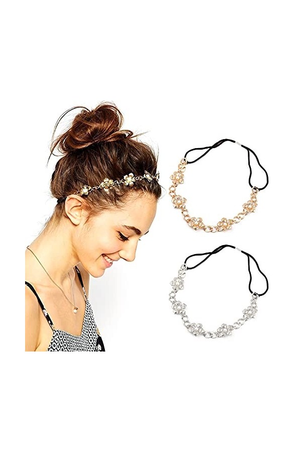 Zasjon bande de cheveux perle, 2 pièces serre-tête élastique bandeau strass  cheveux femme chaîne de tête bandeau cheveux eleg