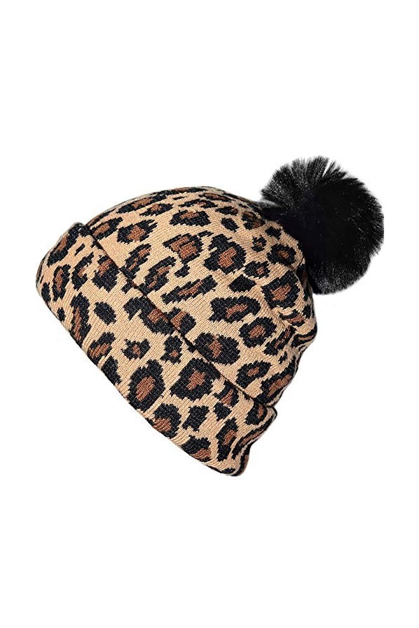 XYIYI Guépard Bonnet Tricot Leopard Hiver Chapeau Beanie avec Pompo