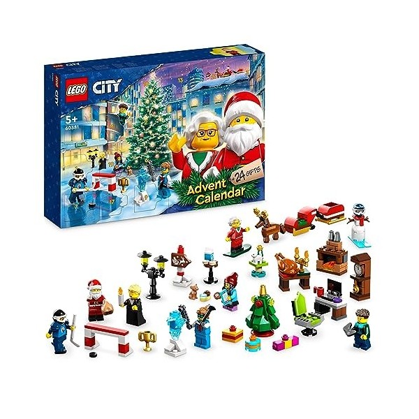 LEGO 60381 City Calendrier de lAvent 2023, avec 24 Cadeaux Dont Figurines du Père Noël et du Renne, Tapis de Jeu du Pays des