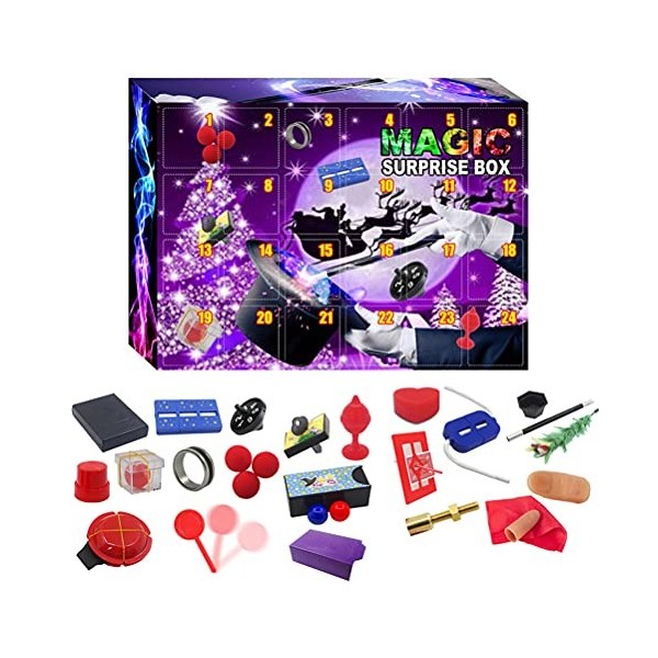 Dapuly Calendrier de lAvent de Noël, 24 pièces Magician Tricks Kit daccessoires pour débutant Magic Prop Performance Show C