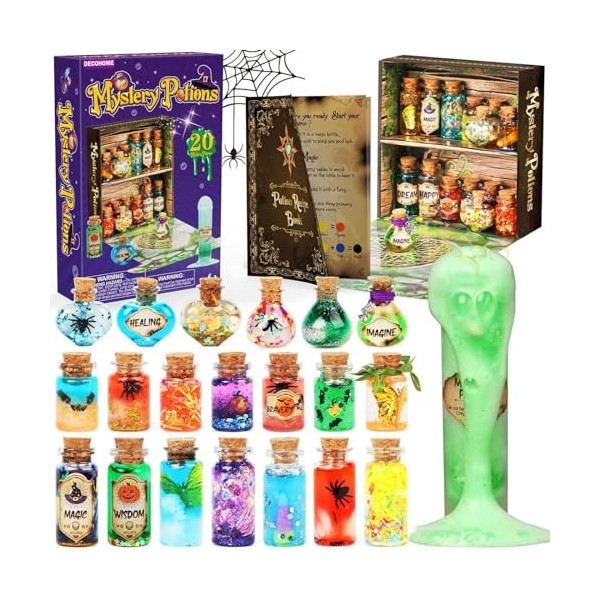 DECOHOME Kit de potions dHalloween pour les enfants, mélange 20 bouteilles  de potions magiques de sorcière, décoration table