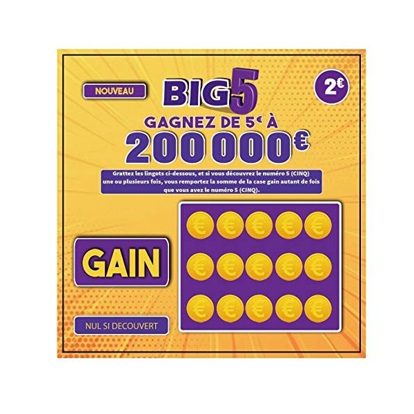 FG Humour Farces et Attrapes X 5 Faux Tickets Gagnants BIG 5 avec Faux Gain de 10000€ à 50000 € Cartes à gratter pour Blague 