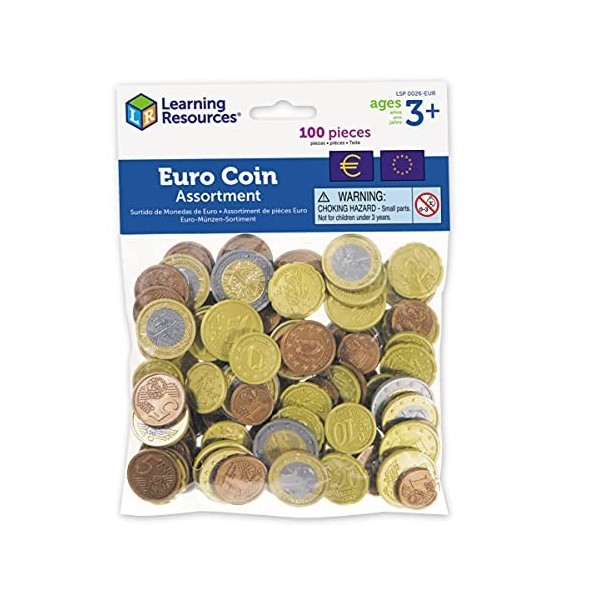 Learning Resources Kit de pièces en euros jeu de 100 , monnaie factice, billet factices, caisse enregistreuse enfants, mater