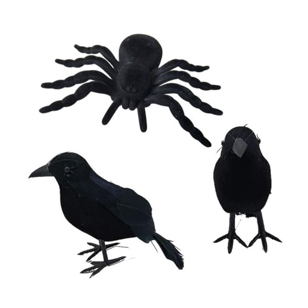 UZSXHJ Halloween Corbeau Noir, Halloween Araignée Poilue, 3Pcs Accessoires Réalistes pour Halloween, Farces Et Attrapes Décor