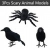 UZSXHJ Halloween Corbeau Noir, Halloween Araignée Poilue, 3Pcs Accessoires Réalistes pour Halloween, Farces Et Attrapes Décor