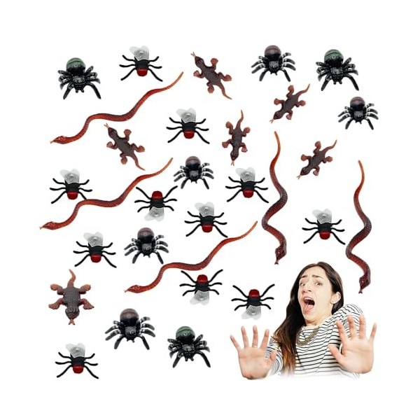 100 pièces Halloween Jouets Fausse Plastique,Jouets d’Insectes Réalistes,Serpents en Plastique Gecko araignée Simulation Joue