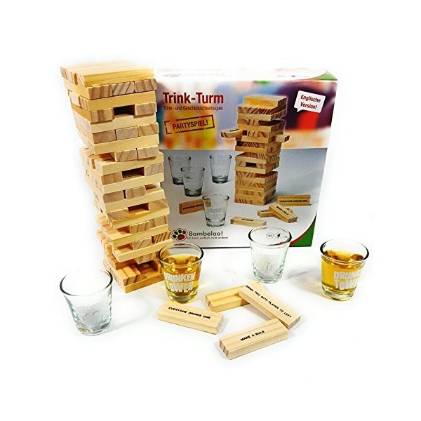 Bambelaa! - Jeu à boire - Tour mobile - Avec quatre verres denviron 4 cl imprimés « Drunken Tower » - Version anglaise fran