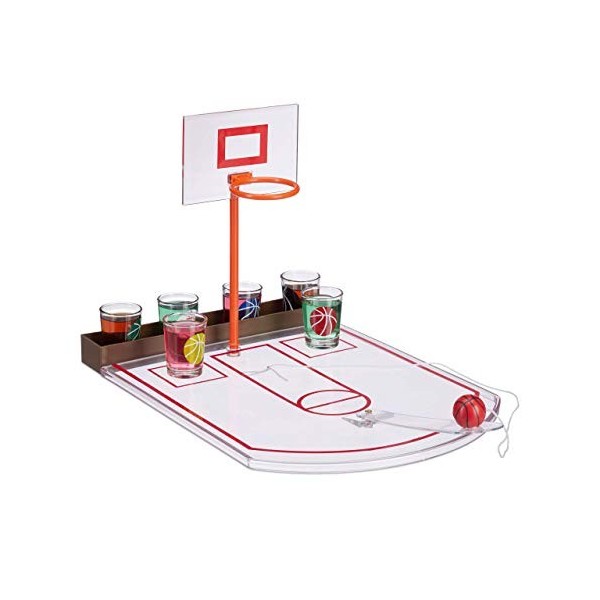 Relaxdays Jeu à Boire Basketball, Amusant, 6 Verres à Shots, Panier + Balle, activité, 22,5 x 24 x 44 cm, Transparent Adulte 