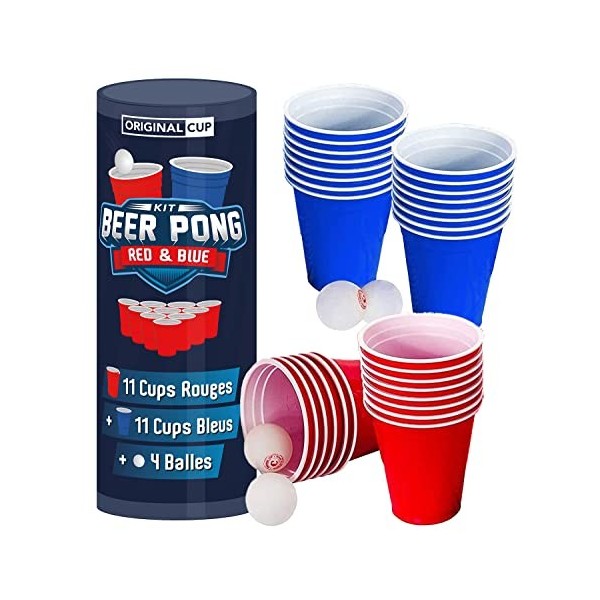 Original Beer Pong Kit Officiel | Pack Gobelets + Balles de Beer Pong | Qualité Premium | 22 Cups 11 Red & 11 Blue | 4 Ball