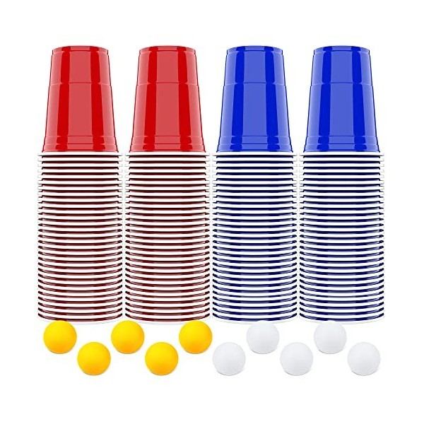 AOLUXLM Jeux à Boire Gobelets,100 American Tasses et 10 balles, 16oz/473ml Plastique Réutilisables gobelets de Fête Cadeau po
