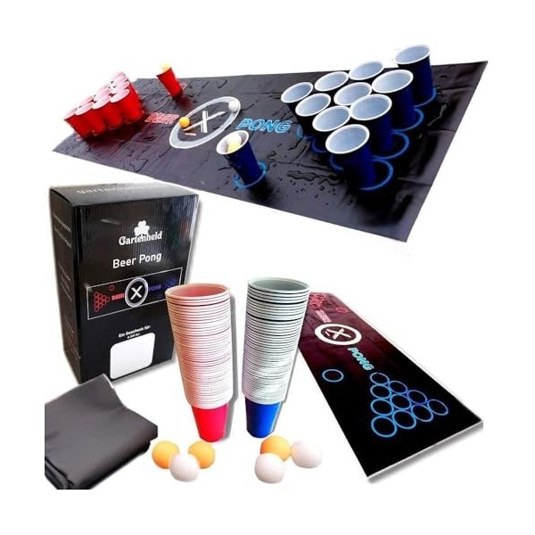 Gartenheld © Tapis de Jeu à Boire Beer-Pong 180 x 60 cm Ensemble Complet Comprenant 22 x Tasses Tasse Rouge/Bleu, 6 x balle