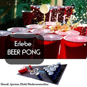 Gartenheld © Tapis de Jeu à Boire Beer-Pong 180 x 60 cm Ensemble Complet Comprenant 22 x Tasses Tasse Rouge/Bleu, 6 x balle