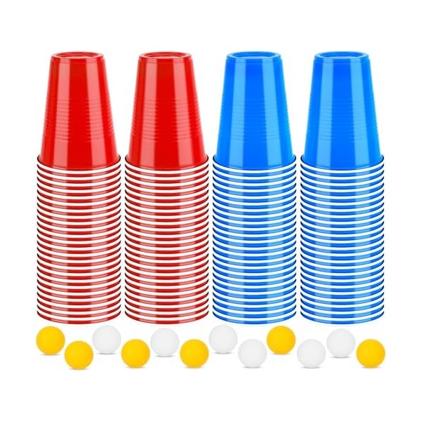 Frasheng réutilisables Tasse de bière Pong,100 Tasses 50 rouge + 50 bleu et 12 balles,Jeux à Boire Gobelets en Plastique, go