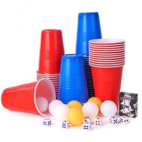 OSDUE Beer Jouer Pong Kit, Jeux à Boire Gobelets, 60 Tasses et 10 Balles, avec des Dés et des Cartes à Jouer, Réutilisables, 