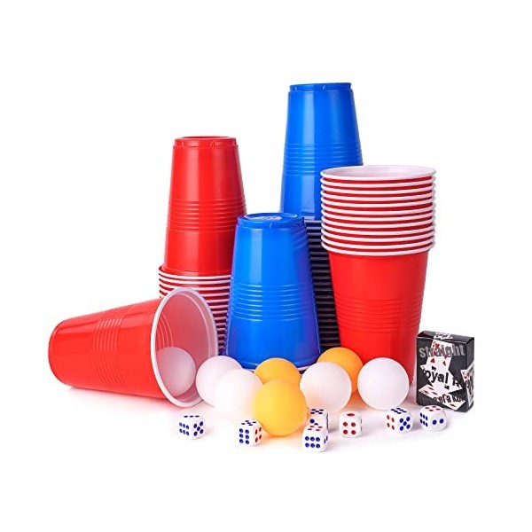 OSDUE Beer Jouer Pong Kit, Jeux à Boire Gobelets, 60 Tasses et 10 Balles, avec des Dés et des Cartes à Jouer, Réutilisables, 