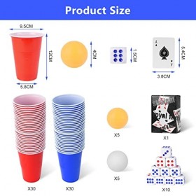 OSDUE Beer Jouer Pong Kit, Jeux à Boire Gobelets, 60 Tasses et 10 Balles, avec des Dés et des Cartes à Jouer, Réutilisables, 