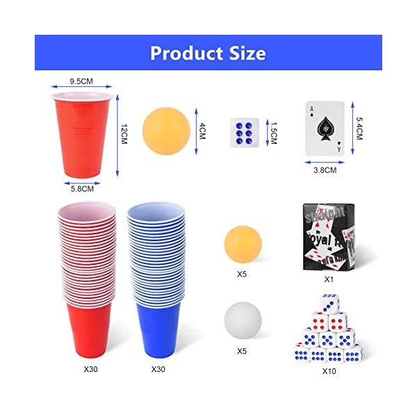 OSDUE Beer Jouer Pong Kit, Jeux à Boire Gobelets, 60 Tasses et 10 Balles, avec des Dés et des Cartes à Jouer, Réutilisables, 