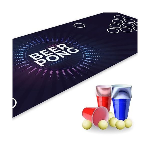 Set Beer Pong I 180 x 60 cm I Tapis de terrain au design électrique I Avec 22 gobelets et 6 balles de tennis de table I Jeu à