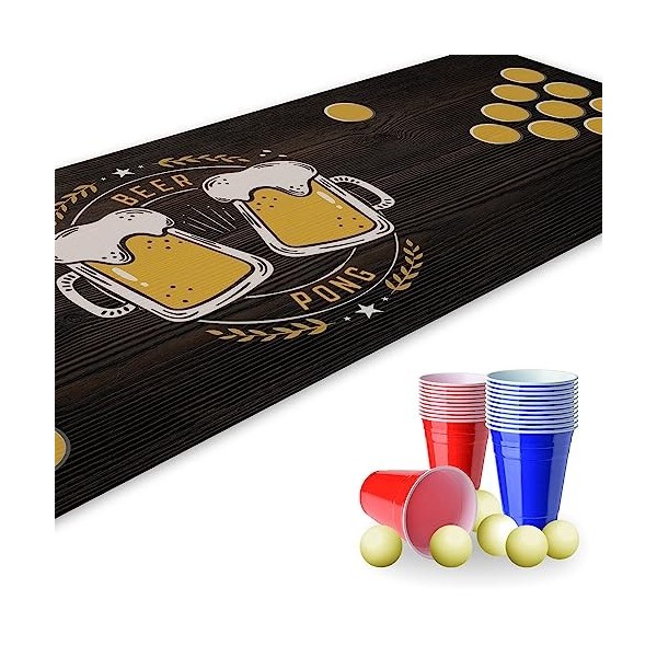 Set Beer Pong I 180 x 60 cm I Tapis de terrain au design électrique I Avec 22 gobelets et 6 balles de tennis de table I Jeu à