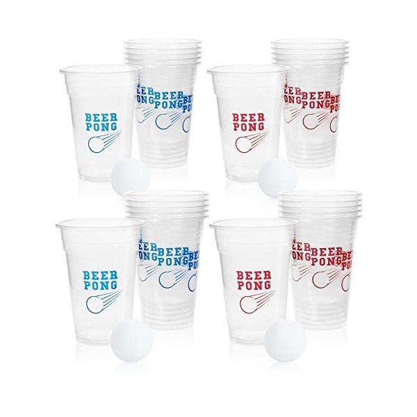 com-four® Ensemble Beer Pong 28 pièces - Jeu à Boire Beer Pong avec 24 gobelets et 4 balles - Jeu de société garçons Contre F