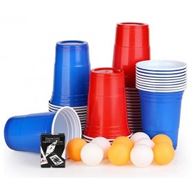 Beer Pong Kit,Jeux à Boire, 50 Beer Pong + 10 Balles ,473ml Gobelet Plastique avec Balle de Ping-Pong,25 Rouge + 25 Bleu 16oZ