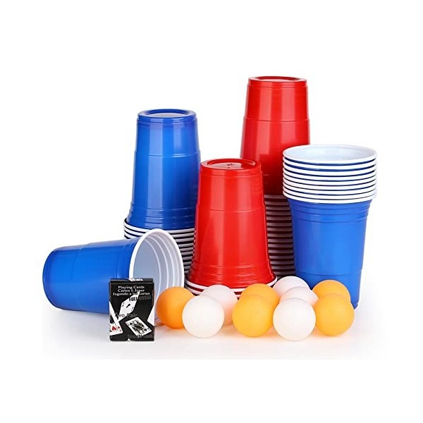 Beer Pong Kit,Jeux à Boire, 50 Beer Pong + 10 Balles ,473ml Gobelet Plastique avec Balle de Ping-Pong,25 Rouge + 25 Bleu 16oZ