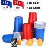 Beer Pong Kit,Jeux à Boire, 50 Beer Pong + 10 Balles ,473ml Gobelet Plastique avec Balle de Ping-Pong,25 Rouge + 25 Bleu 16oZ