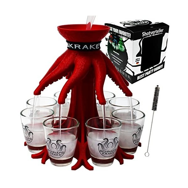 Schnapskrake ® Distributeur Boisson avec 8 Verres à Shot - pour Liqueur, Punch, Whisky, Rhum, Vodka | pour Apéro, Jeu à Boire