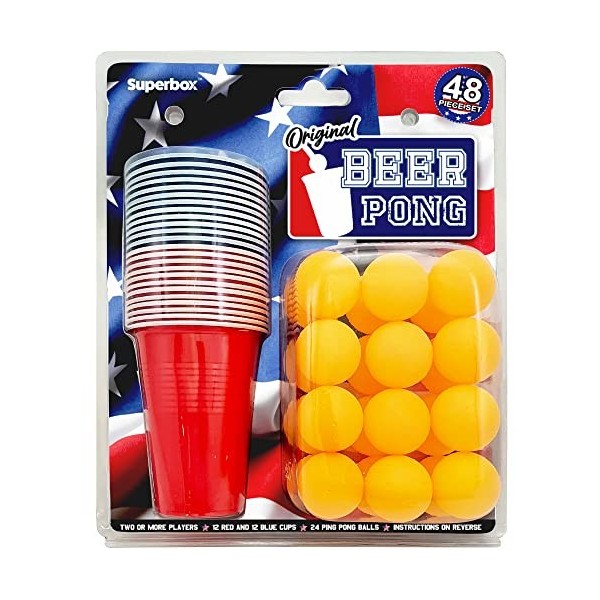 Superbox Ensemble Beer Pong 48 pièces,Jeu à boire pour fêtes, anniversaires, Halloween et Noël,24 gobelets rouges et bleus,24