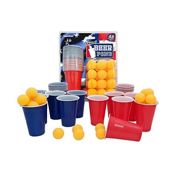 Superbox Ensemble Beer Pong 48 pièces,Jeu à boire pour fêtes, anniversaires, Halloween et Noël,24 gobelets rouges et bleus,24