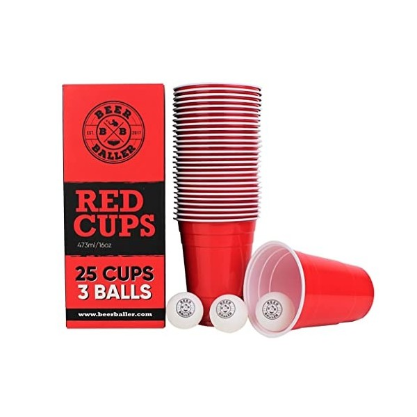 BeerBaller® RedCups | Beerpong Set with 25 Red Beerpong Cups & 3 Beerpong Balls | 473ml 16oz