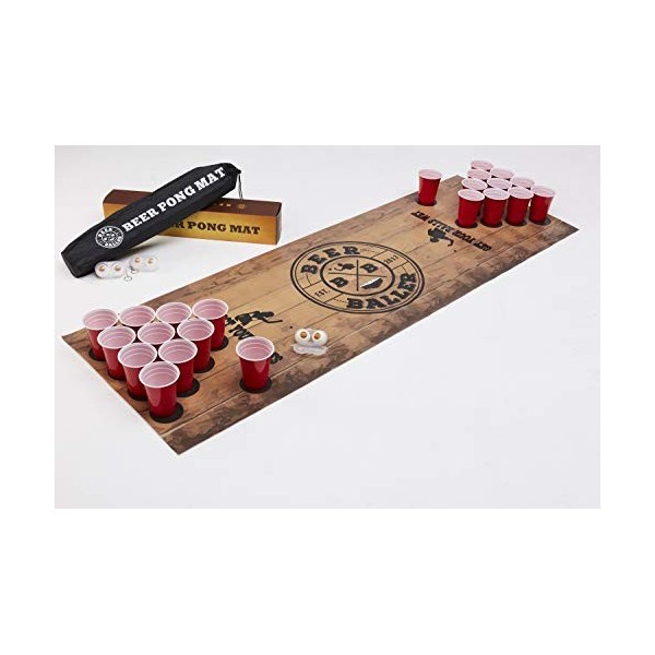 BeerBaller® Beer Pong Mat | Set de Jeu de fête Comprenant 50 gobelets Rouges + 4 balles de Beer Pong + 2 Porte-balles + Sac d