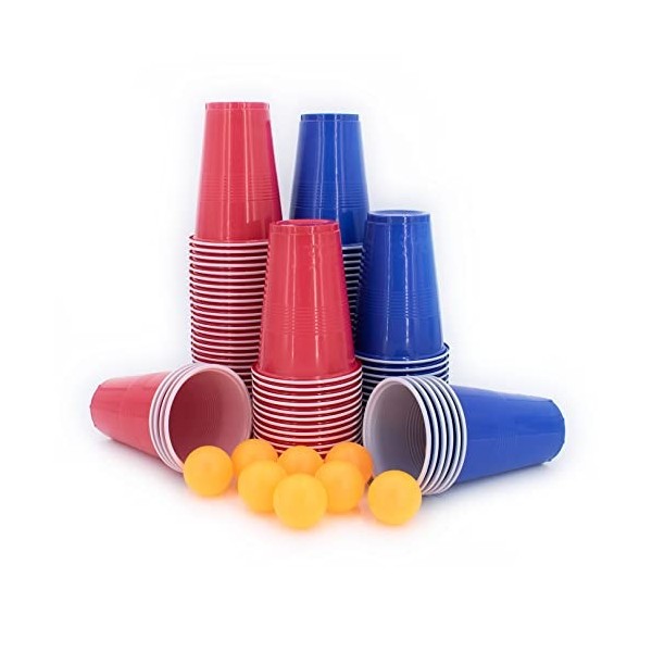 Bierpong Beerpong Lot de 100 gobelets en plastique avec boules Bleu/rouge américain 100 bonnets + 10 balles 100 tasses + 1