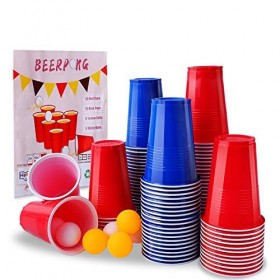 Upchase 50 Beer Pong Tasses Set, Gobelet Réutilisable, Rouges et Bleues  16oz 473ml, 10 Balls de Ping-Pong