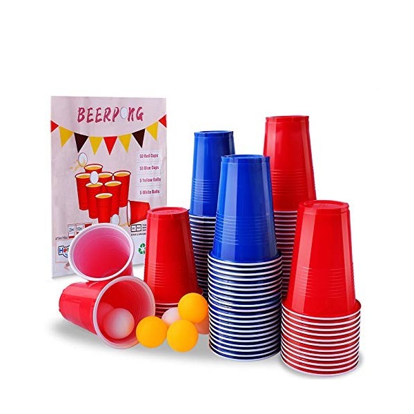 Herefun Jeu de Pong avec 100 Gobelet Réutilisable Rouges et Bleues 16 oz , 10 Balles, Pong Tasses Set pour Fête de danniver