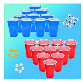 Bière Pong Kit - Jeux à Boire, 50 Bière Pong + 10 Balles ,500ml Gobelet Plastique Reutilisable avec 10 dés Gobelets Fête 25 