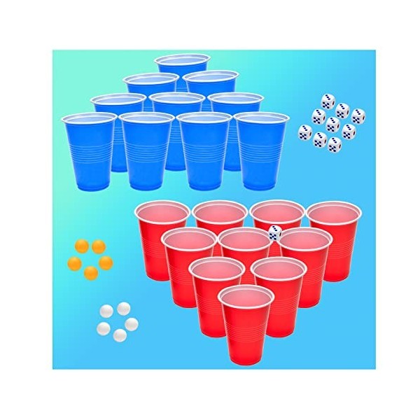 Bière Pong Kit - Jeux à Boire, 50 Bière Pong + 10 Balles ,500ml Gobelet  Plastique Reutilisable avec 10 dés Gobelets Fête 25