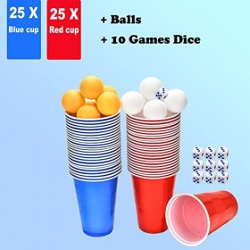 Bière Pong Kit - Jeux à Boire, 50 Bière Pong + 10 Balles ,500ml Gobelet Plastique Reutilisable avec 10 dés Gobelets Fête 25 