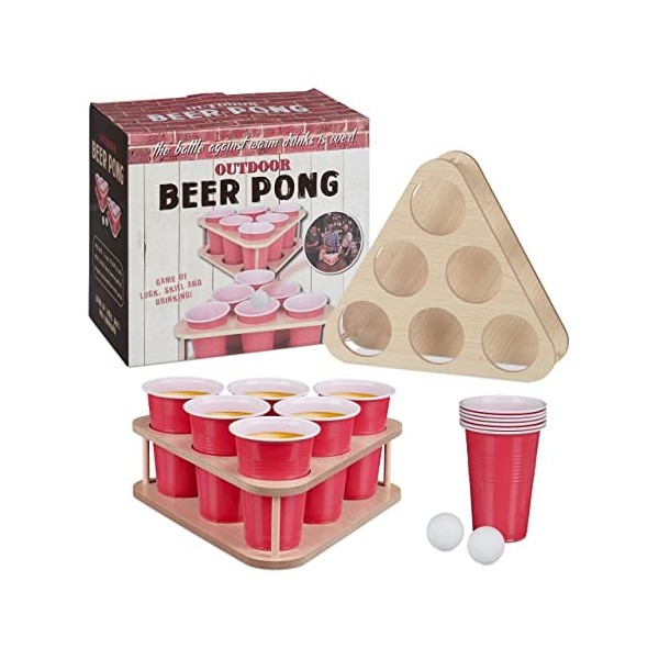 Relaxdays Set Beer Pong, Boire 16 pièces, 12 gobelets, Supports & balles,  Jeu d’Alcool Adultes, Naturel/Rouge, 10039136, 13 x